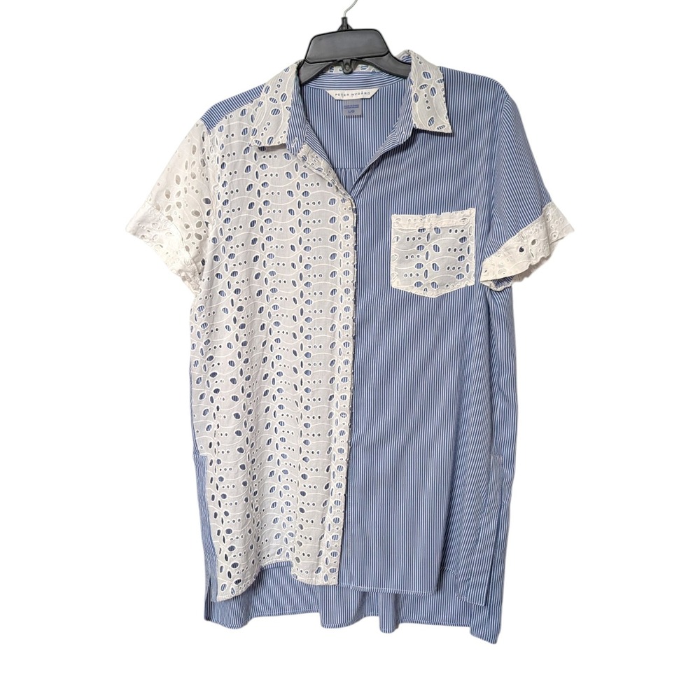 Peter Nygard White Eyelet Lace Pinstripe Mix Media Button Front Blouse Top L